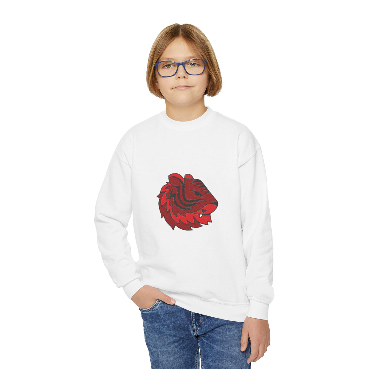 Sunny Hill Elementary Youth Crewneck Sweatshirt — Red Tiger Mascot